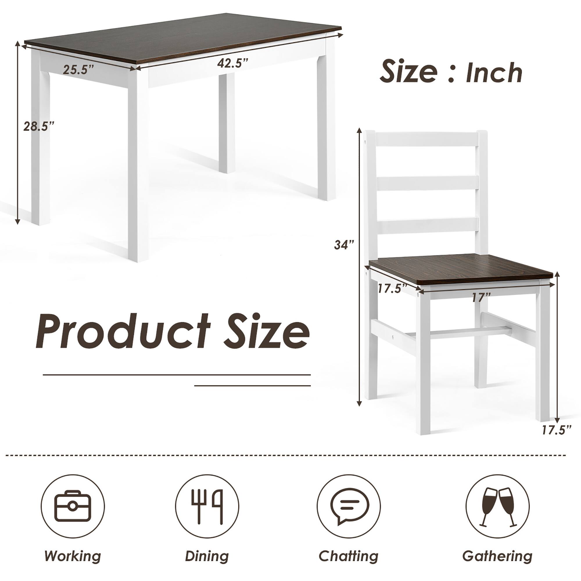 The text on the image is grouped and corrected as follows:

Product Size: 25.5" x 42.5"
Size: 28.5" x 34"
Working: 17.5"
Dining: 17"
Chatting: 17.5"
Gathering: 17.5"