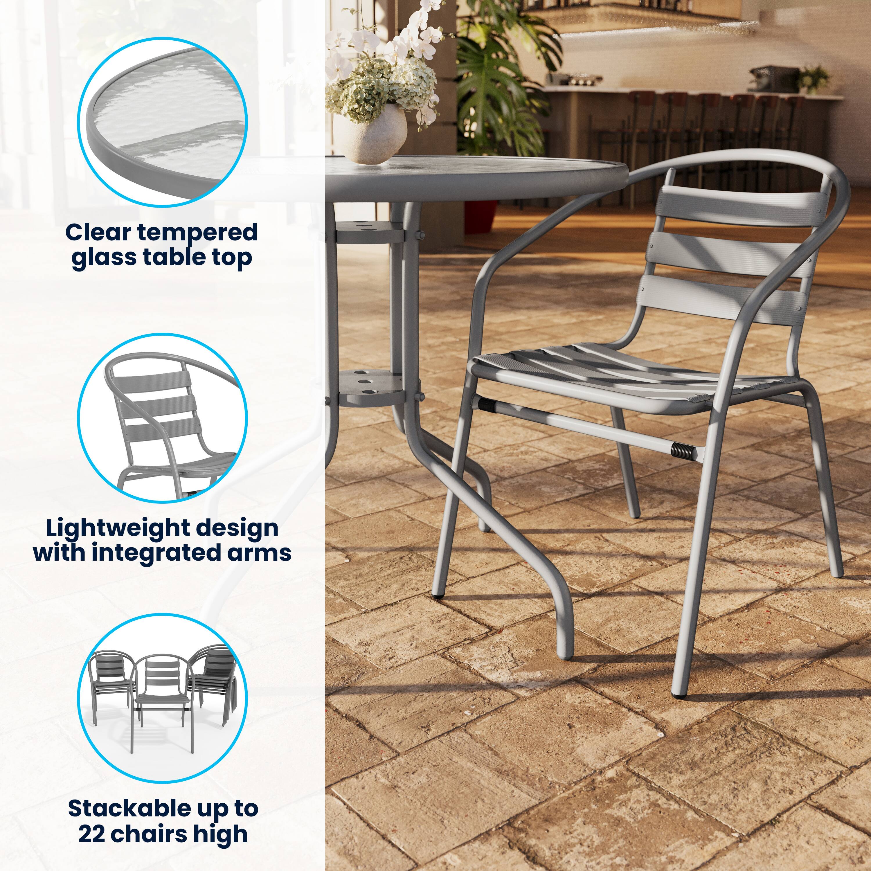 Clear tempered glass table top  
Lightweight design with integrated arms  
Stackable up to 22 chairs high