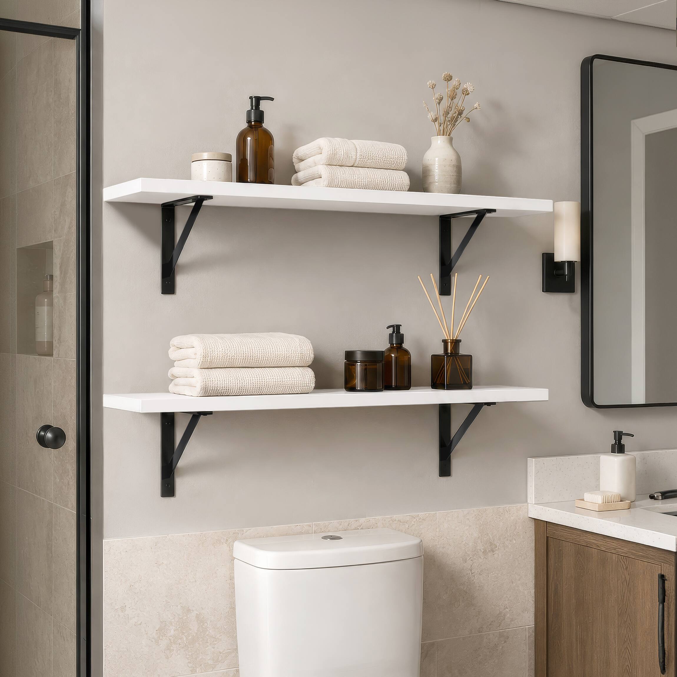 Alt View 1. Sorbus - Wall Shelves 47.3" with Black Metal Brackets, Set of 2, White - White.