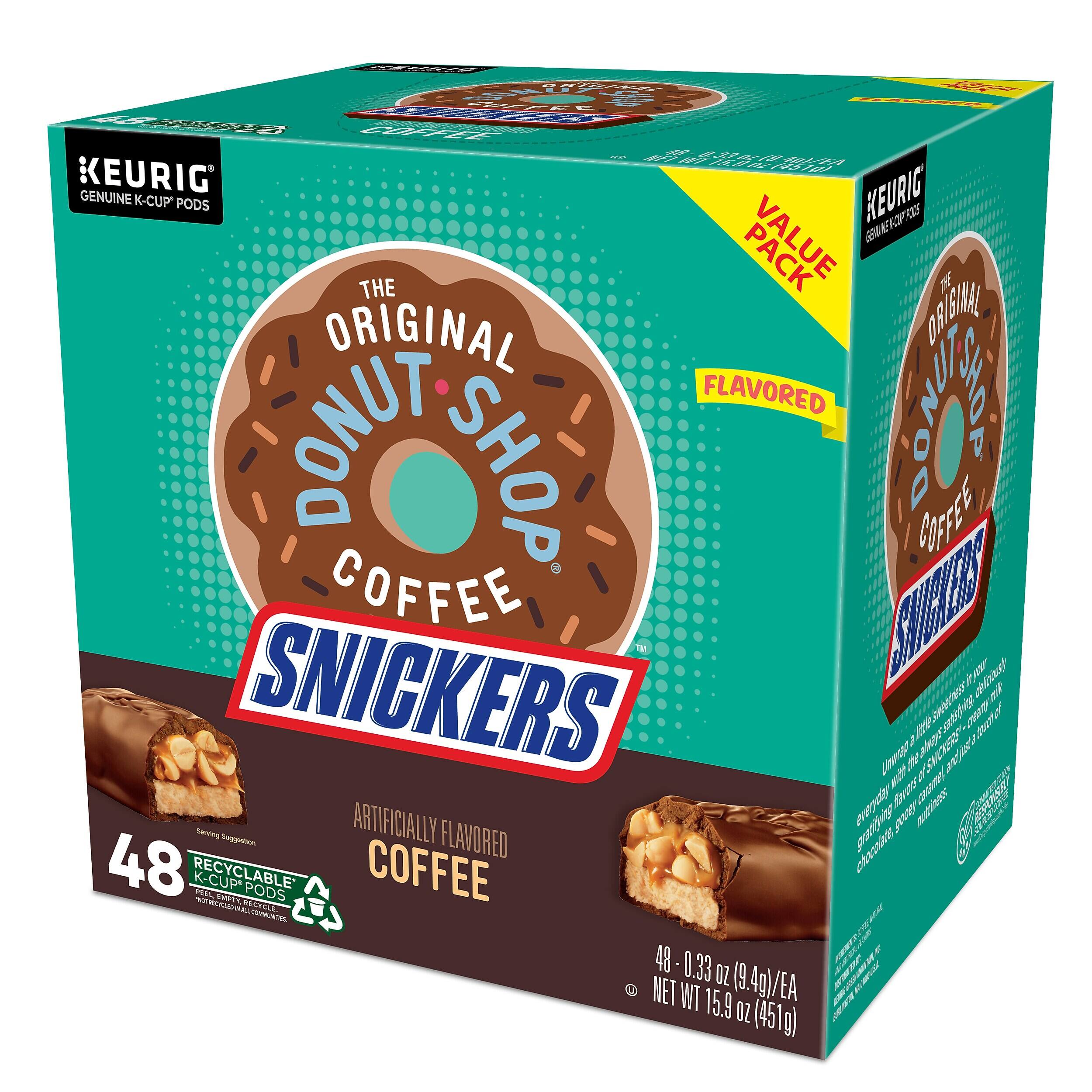1 Tae WPALEGS FSE S 23722 4 eP F70 ZA A0T2 E4 KEURIG KEURIG GENUINE K-CUP PODS A2 VALUE PACK THE ORIGINAL DONUT SHOP COFFEE SNICKERS 1 Ae ahioay SNICKERS o le Siosie   Un S O ro  sautee eeay Sarars Aunncs  Serving ARTIFICIALLY FLAVORED 3 48 RECYCLABLE COFFEE azae K-CUP PODS PUIL MY i MtS  TUE IENU 48 0.33 OZ (9.4g)/EA  NET WT 15.9 OZ (451g)