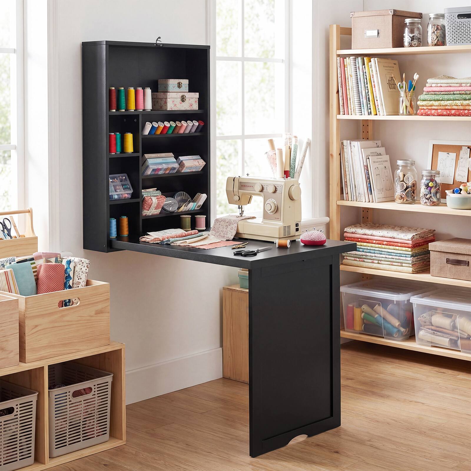 Alt View 5. Gymax - Gymax Wall Mounted Fold-Out Convertible Floating Desk Space Saver Writing Table Black - Black.