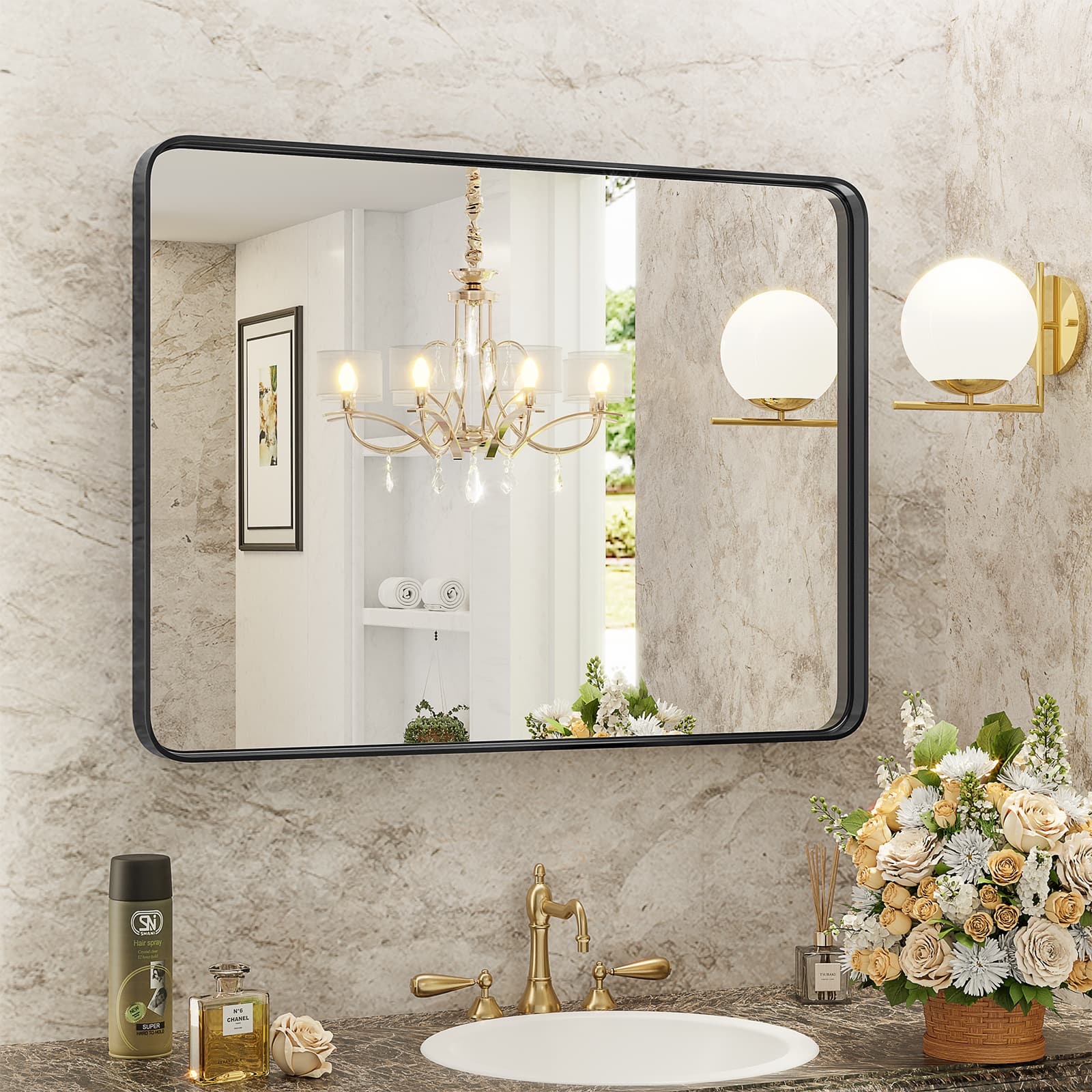 Front. Bestier - Bathroom Mirror for Over Sink Wall, Tempered Glass Vanity Mirror,Aluminum Alloy Framed Wall Mirror - Black-40*30 inch.