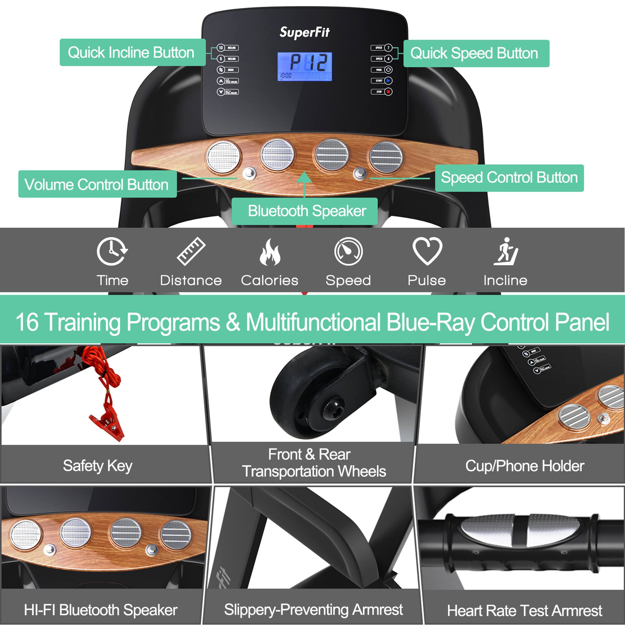 - Quick Incline Button
- Quick Speed Button
- Volume Control Button
- Speed Control Button
- Bluetooth Speaker
- 16 Training Programs & Multifunctional Blue-Ray Control Panel
- Safety Key
- Front & Rear Transportation Wheels
- Cup/Phone Holder
- HI-FI Bluetooth Speaker
- Slippery-Preventing Armrest
- Heart Rate Test Armrest

Time, Distance, Calories, Speed, Pulse, Incline