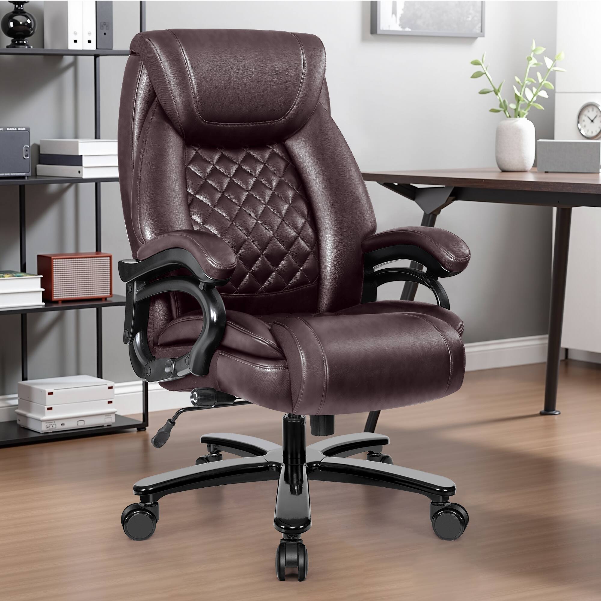 Front. Brick Attic - Heavy Duty Leather Executive Office Chair with Adjustable Ergonomic Lumbar Support & Thick Padded Wide Cushion Seat - Brown.