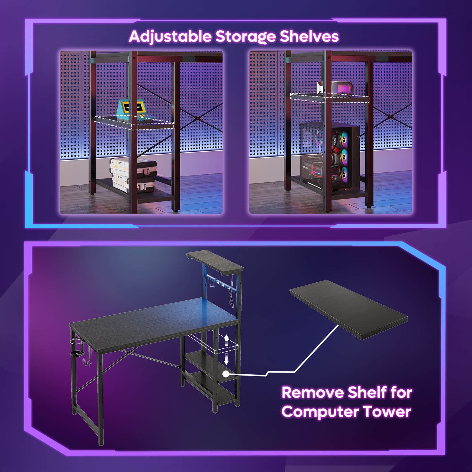 Adjustable Storage Shelves: Remove Shelf for Computer Tower