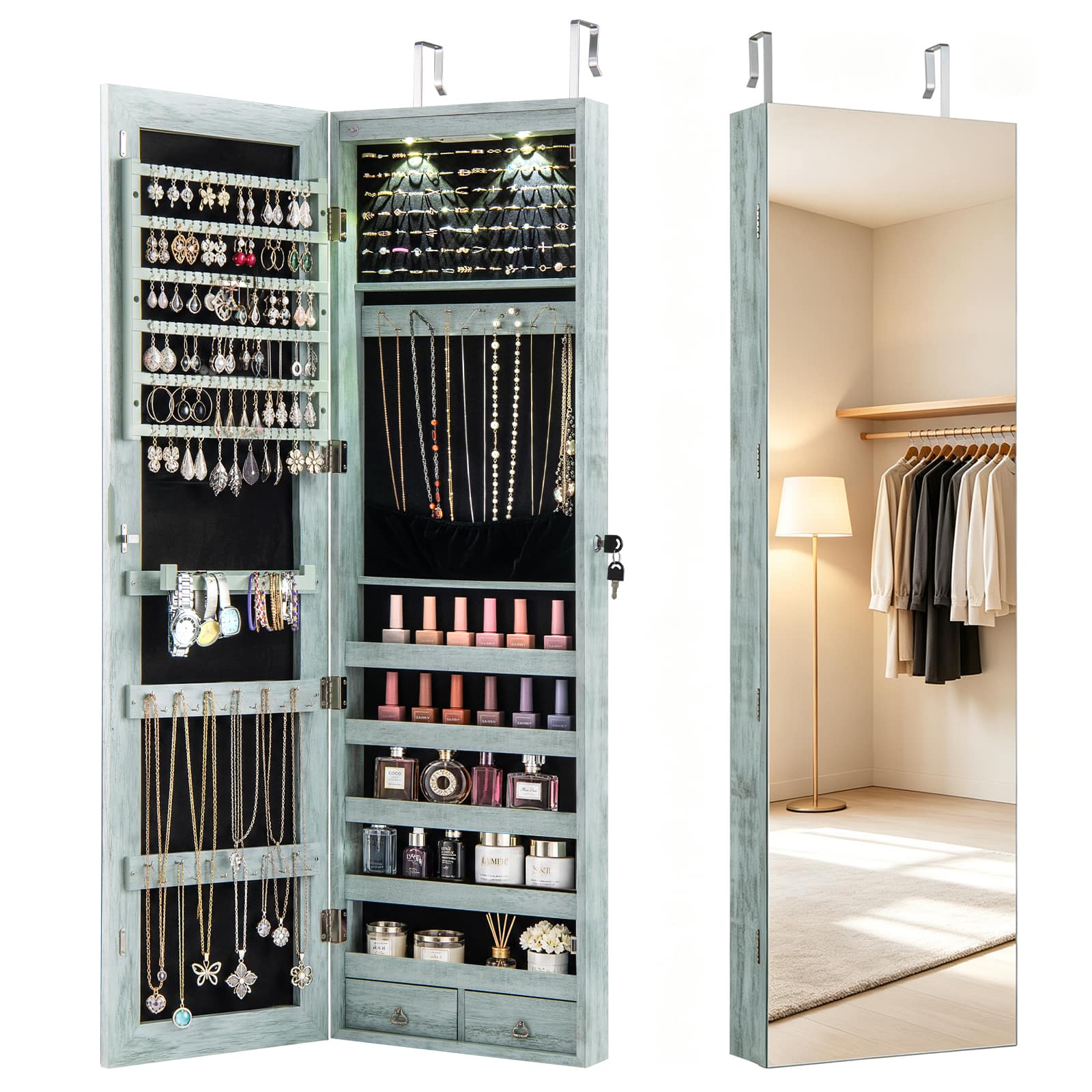 Costway - Mirrored Wall & Door Mounted Jewelry Cabinet Storage Organizer with Lights&Drawer - Navy