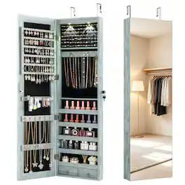 Costway - Mirrored Wall & Door Mounted Jewelry Cabinet Storage Organizer with Lights&Drawer - Navy