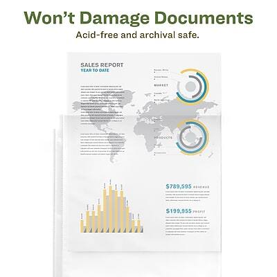 Won't Damage Documents  
Acid-free and archival safe.

SALES REPORT  
YEAR TO DATE

PRODUCTS  
$789,595 REVENUE  
$199,955 PROFIT