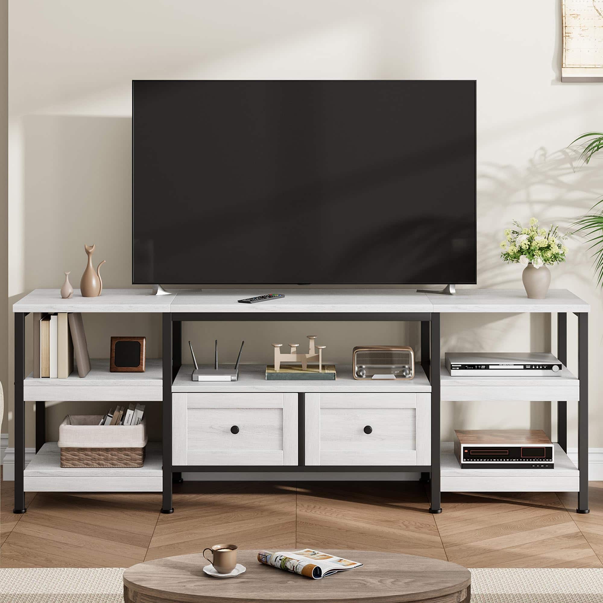 GAOMON - 71" TV Stand for 75" TVs, Industrial Entertainment Center with 2 Drawers, Open Shelves & Metal Frame - White