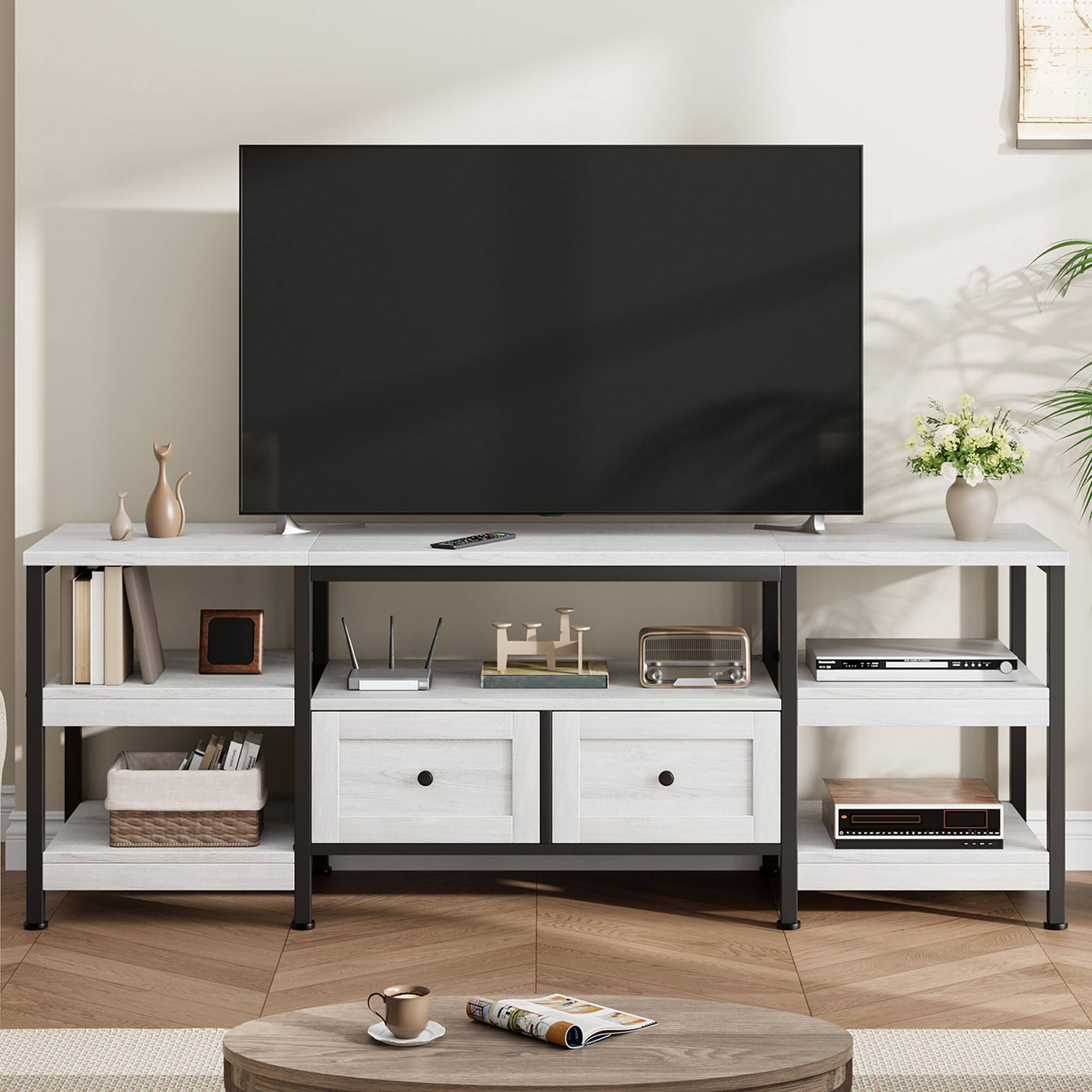 Jojoka - 71" TV Stand for 75 Inch TVs, Industrial Entertainment Center with 2 Drawers, Open Shelves & Metal Frame - White