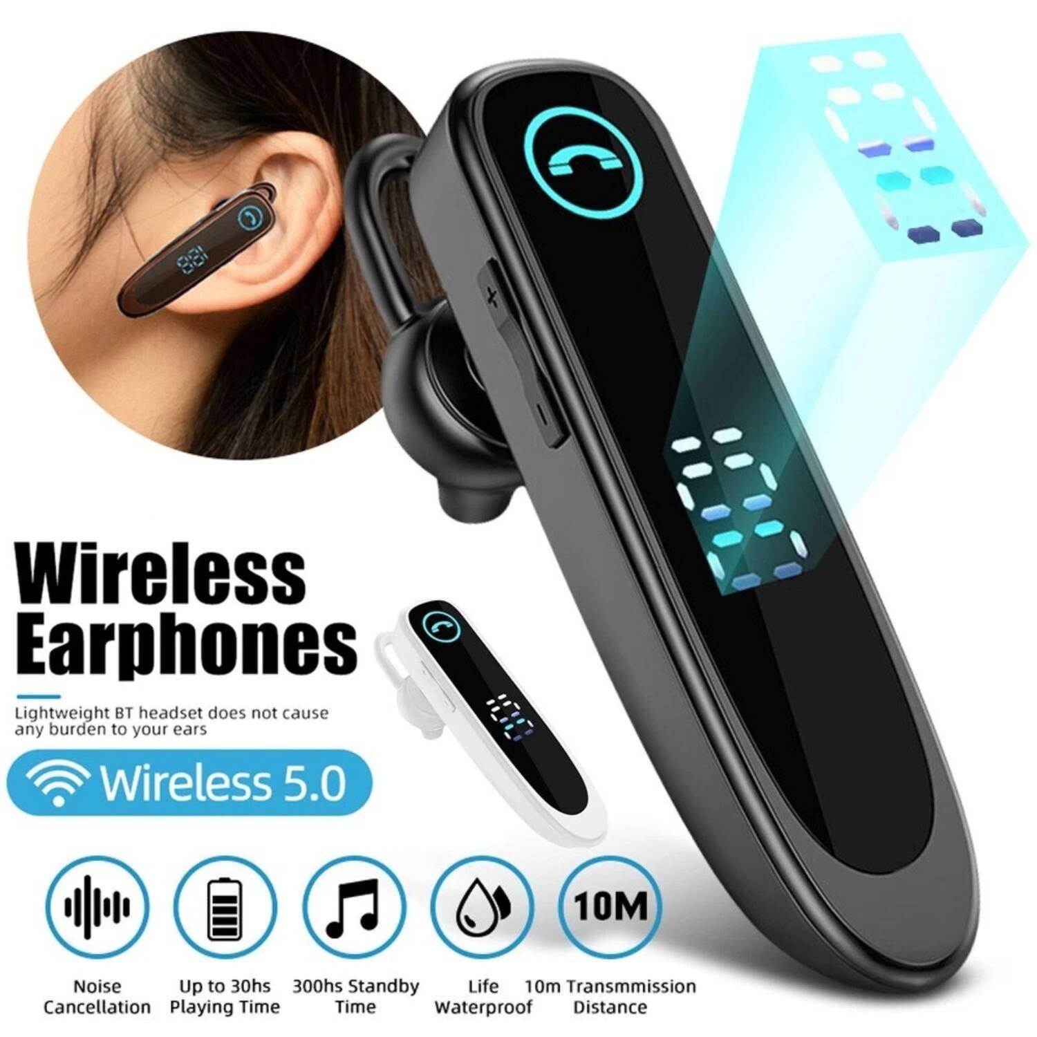 Wireless Earphones

Lightweight BT headset does not cause any burden to your ears

Wireless 5.0

- Noise Cancellation
- Up to 30hs Playing Time
- 300hs Standby Time
- Life Waterproof
- 10m Transmission Distance