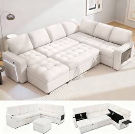 Dyonery - 7 Seat L Shaped Modular Sectional Sleeper Sofa Bed with Pull Out Bed/Reclining Backrest/USB Ports/Storage Seat - Beige