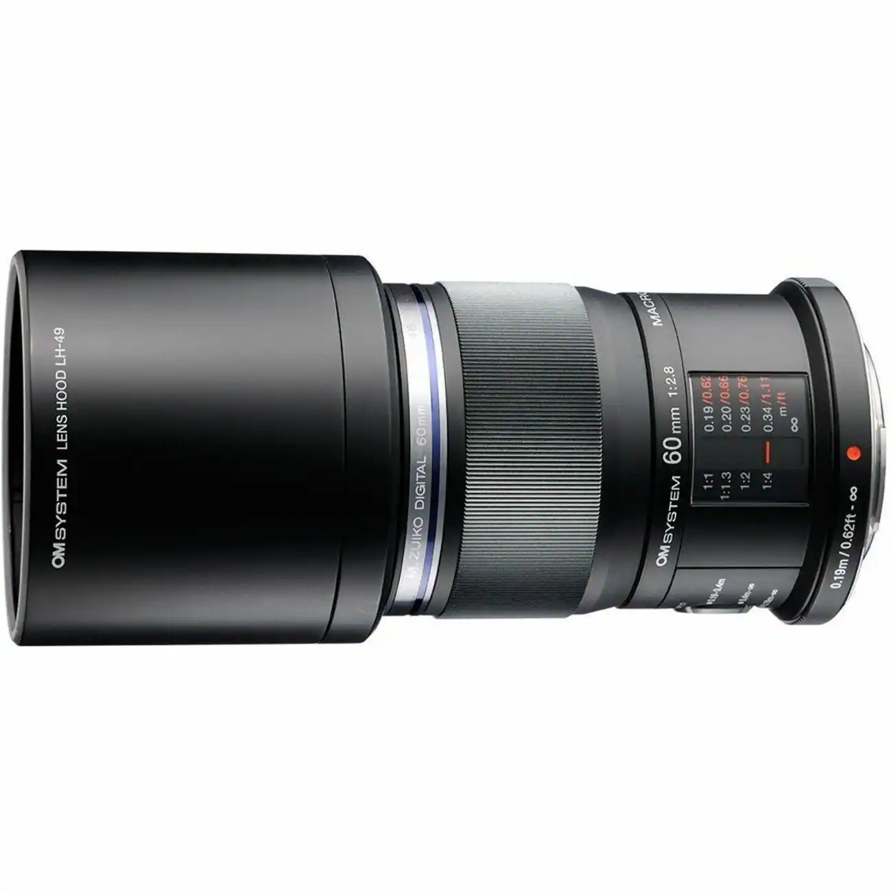 The text on the image reads: "LH-49 HOOD LENS SYSTEM MO 16 60mm DIGITAL M M.ZUIKO MACR 1:2.8 mm 60 OMSYSTEM 0.19/0.62 0.20/0.66 0.23/0.76 0.34/1.11 m/ft D0 I 1:1 1:1.3 1:2 1:4 TEN 8 0.19m/0.62ft-". This text describes the lens system, including its focal length, aperture, and other specifications.