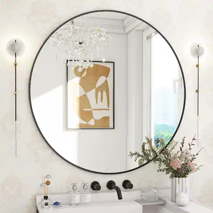 Front. HOMLUX - 30 Inch Round Wall Mirror Black Aluminum Frame Circle Mirror for Bathroom Vanity Entryway Living Room.