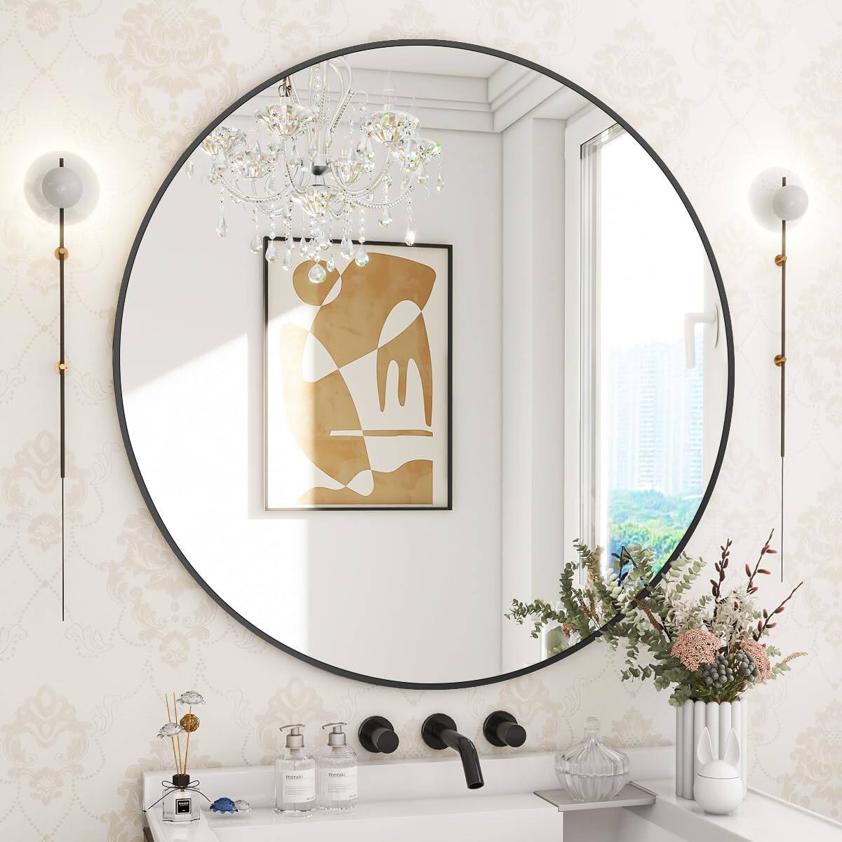 Front. HOMLUX - 30 Inch Round Wall Mirror Black Aluminum Frame Circle Mirror for Bathroom Vanity Entryway Living Room.