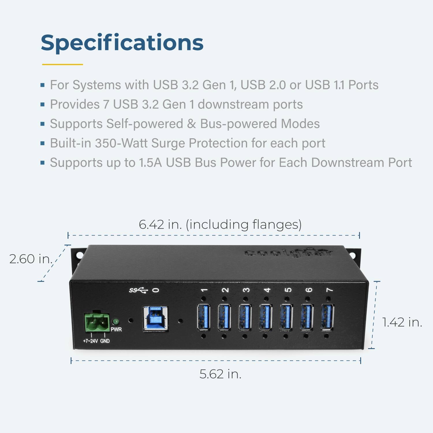 Specifications

- For Systems with USB 3.2 Gen 1, USB 2.0 or USB 1.1 Ports
- Provides 7 USB 3.2 Gen 1 downstream ports
- Supports Self-powered & Bus-powered Modes
- Built-in 350-Watt Surge Protection for each port
- Supports up to 1.5A USB Bus Power for Each Downstream Port

Dimensions:
- 6.42 in. (including flanges)
- 2.60 in.
- 5.62 in.
- 1.42 in.