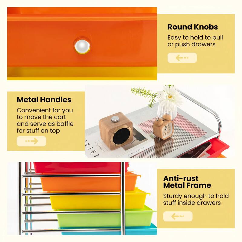 Round Knobs: Easy to hold to pull or push drawers  
Metal Handles: Convenient for you to move the cart and serve as a baffle for stuff on top  
Anti-rust Metal Frame: Sturdy enough to hold stuff inside drawers