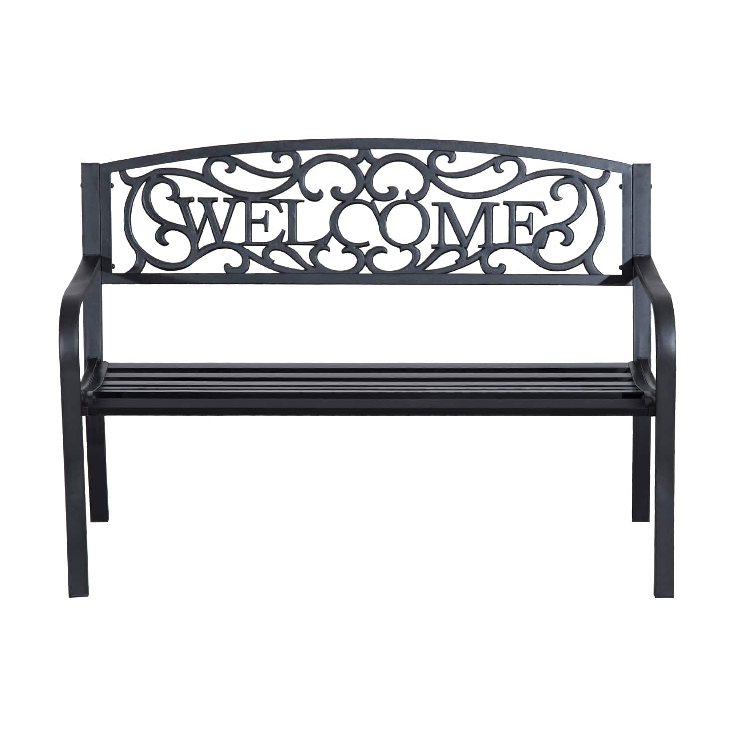 Outsunny - 50" 2-Person Garden Bench Loveseat with Cast Iron Decorative Welcome Vines, Outdoor Patio Bench for Backyard - Black