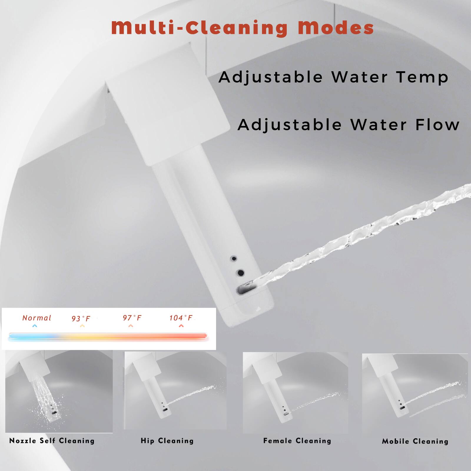 multi-Cleaning modes  
Adjustable Water Temp  
Adjustable Water Flow  

Normal 93°F 97°F 104°F  

Nozzle Self Cleaning  
Hip Cleaning  
Female Cleaning  
Mobile Cleaning