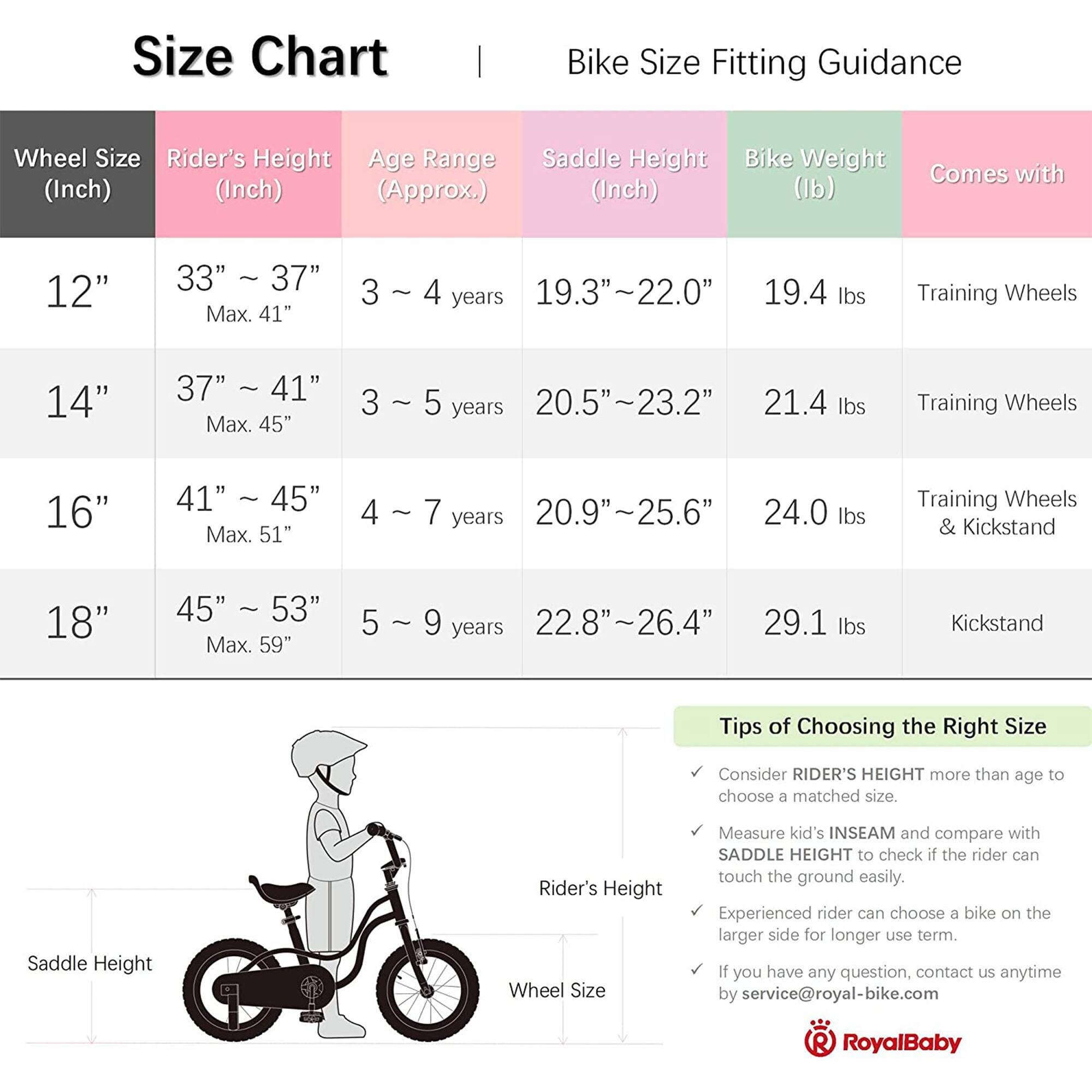 **Size Chart**

| Wheel Size (Inch) | Rider's Height (Inch) | Age Range (Approx.) | Saddle Height (Inch) | Bike Weight (lb) | Comes with |
|------------------|----------------------|--------------------|---------------------|-----------------|------------|
| 12"              | 33" ~ 37" Max. 41"     | 3 ~ 4 years         | 19.3" ~ 22.0"        | 19.4 lbs        | Training Wheels |
| 14"              | 37" ~ 41" Max. 45"    | 3 ~ 5 years         | 20.5" ~ 23.2"        | 21.4 lbs        | Training Wheels |
| 16"              | 41" ~ 45" Max. 51"    | 4 ~ 7 years         | 20.9" ~ 25.6"        | 24.0 lbs        | Training Wheels & Kickstand |
| 18"              | 45" ~ 53" Max. 