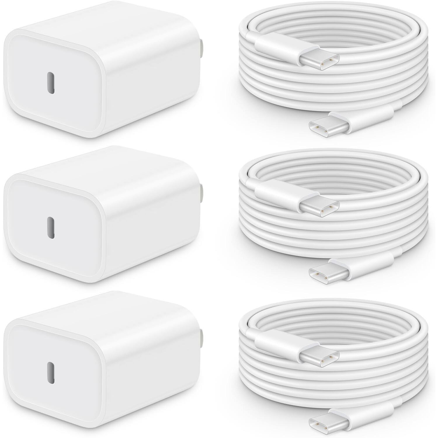 MOSZAR LLC - iPhone 16/15 Fast Charger 3-Pack, 20W USB-C with 6FT Type-C Cable – for iPad & More - White