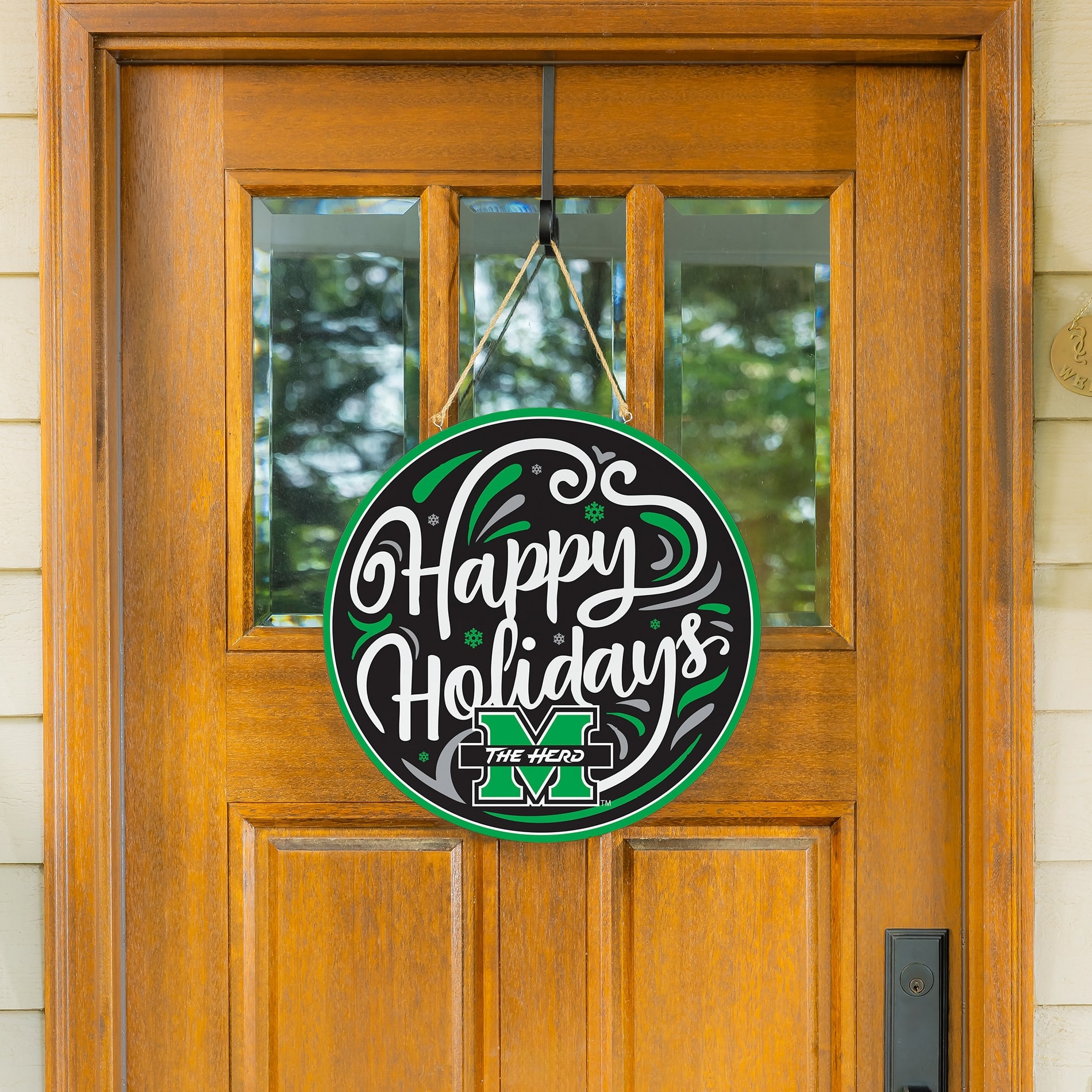 Evergreen Enterprises - Marshall Thundering Herd 18" Happy Holidays Wooden Round Door Sign - Multicolor