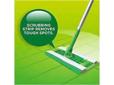 SCRUBBING STRIP REMOVES TOUGH SPOTS.