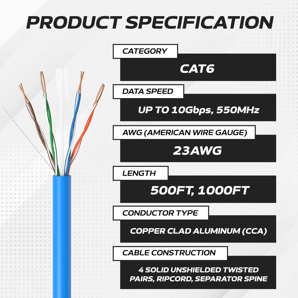 PRODUCT SPECIFICATION

CATEGORY: CAT6

DATA SPEED: UP TO 10Gbps, 550MHz

AWG (AMERICAN WIRE GAUGE): 23AWG

LENGTH: 500FT, 1000FT

CONDUCTOR TYPE: COPPER CLAD ALUMINUM (CCA)

CABLE CONSTRUCTION: 4 SOLID UNSHIELDED TWISTED PAIRS, RIPCORD, SEPARATOR SPINE