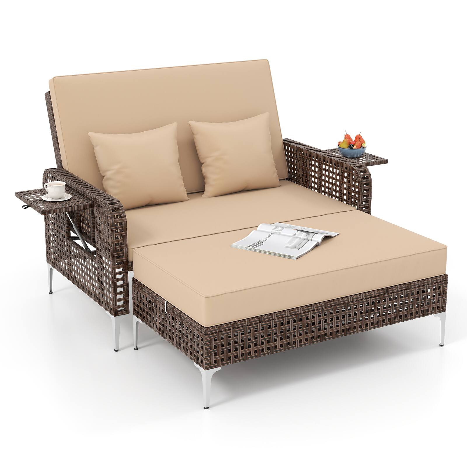 Alt View 5. Gymax - Gymax 2PCS Wicker Loveseat & Storage Ottoman w/ 4-Level Backrest & Soft Cushion Beige - Beige.