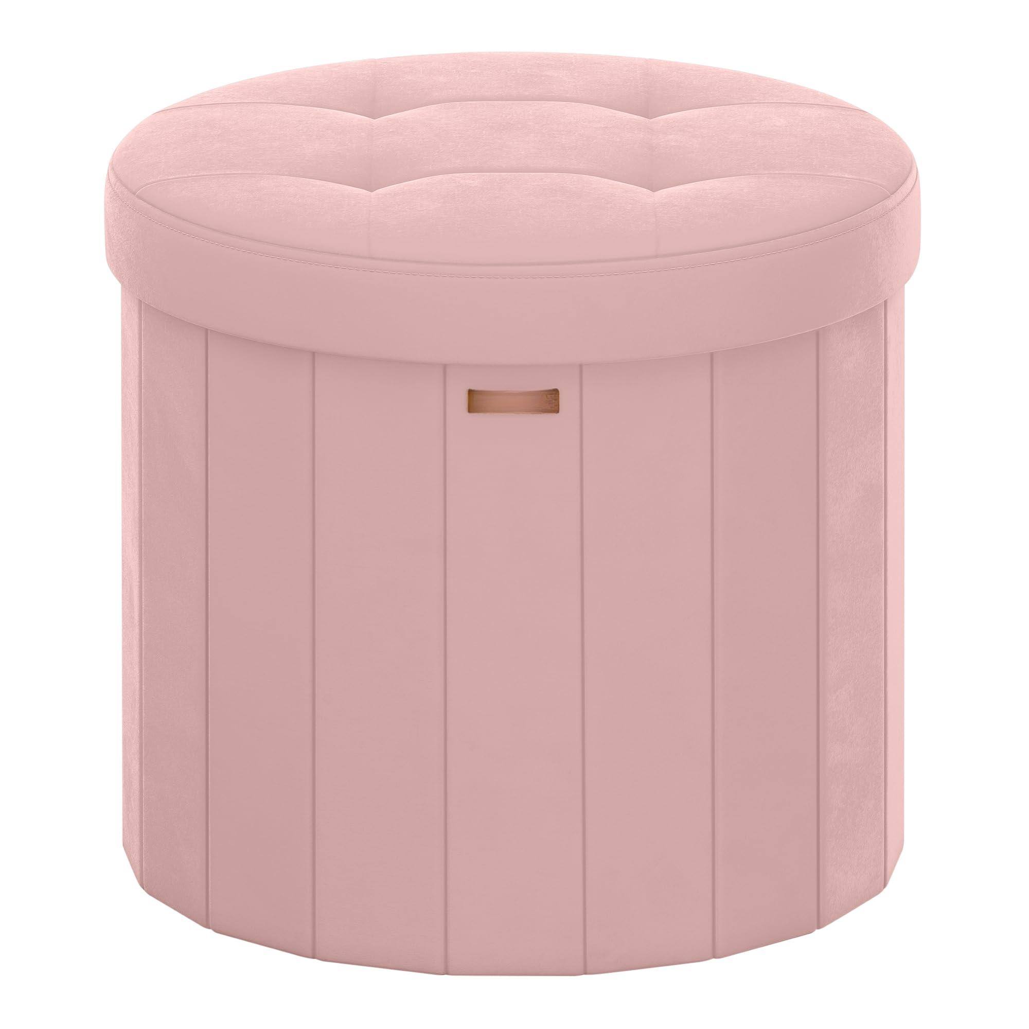 Front. Fabibe - Collection - Round Storage Ottoman, Folding Footrest Stool with Removable Lid, Easy Assembly, Teddy Fleece Vanity... - Jelly Pink Velvet.