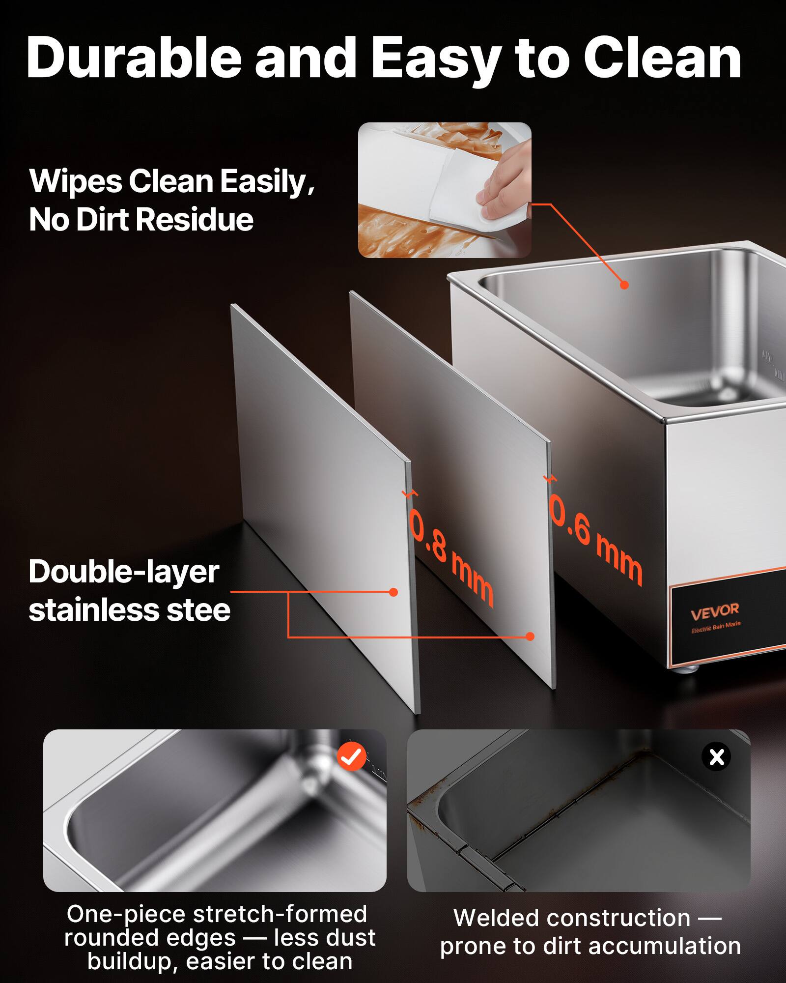 Durable and Easy to Clean

Wipes Clean Easily, No Dirt Residue

Double-layer stainless steel

0.6 mm
0.8 mm

One-piece stretch-formed rounded edges - less dust buildup, easier to clean

Welded construction - prone to dirt accumulation