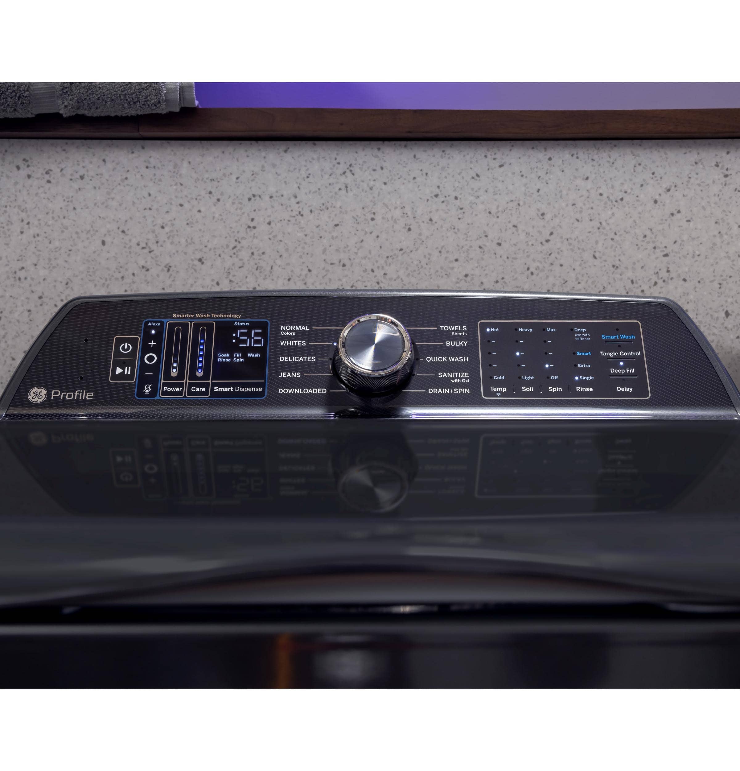 The text on the image reads:
"%6 Profile 114 Smarter - Iermnatoas - - NORMAL - 56 WIITES - - - I - DELICATES HANDS - cane Smart Dispens DOWNLDADED TOWELS I BULKY QUICK WASH ANITIZE : - DRAIN+SPIN + - - Temp - - - Sei I - Spin Sp - Smart Wash - - Targle CanI -d LEED T shana Rnse Delay 2P"
The text appears to be a combination of various settings and options for a washing machine or dryer. It includes information about the profile, temperature, spin speed, and other settings that can be adjusted to optimize the washing or drying process.