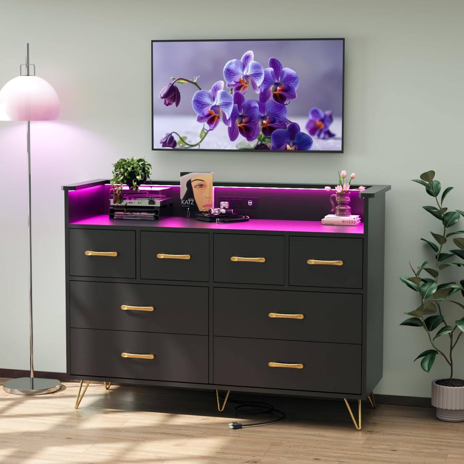 Jojoka - Dresser with Power Outlet and LED Lights, Wood 8 Drawer Dresser - Black
