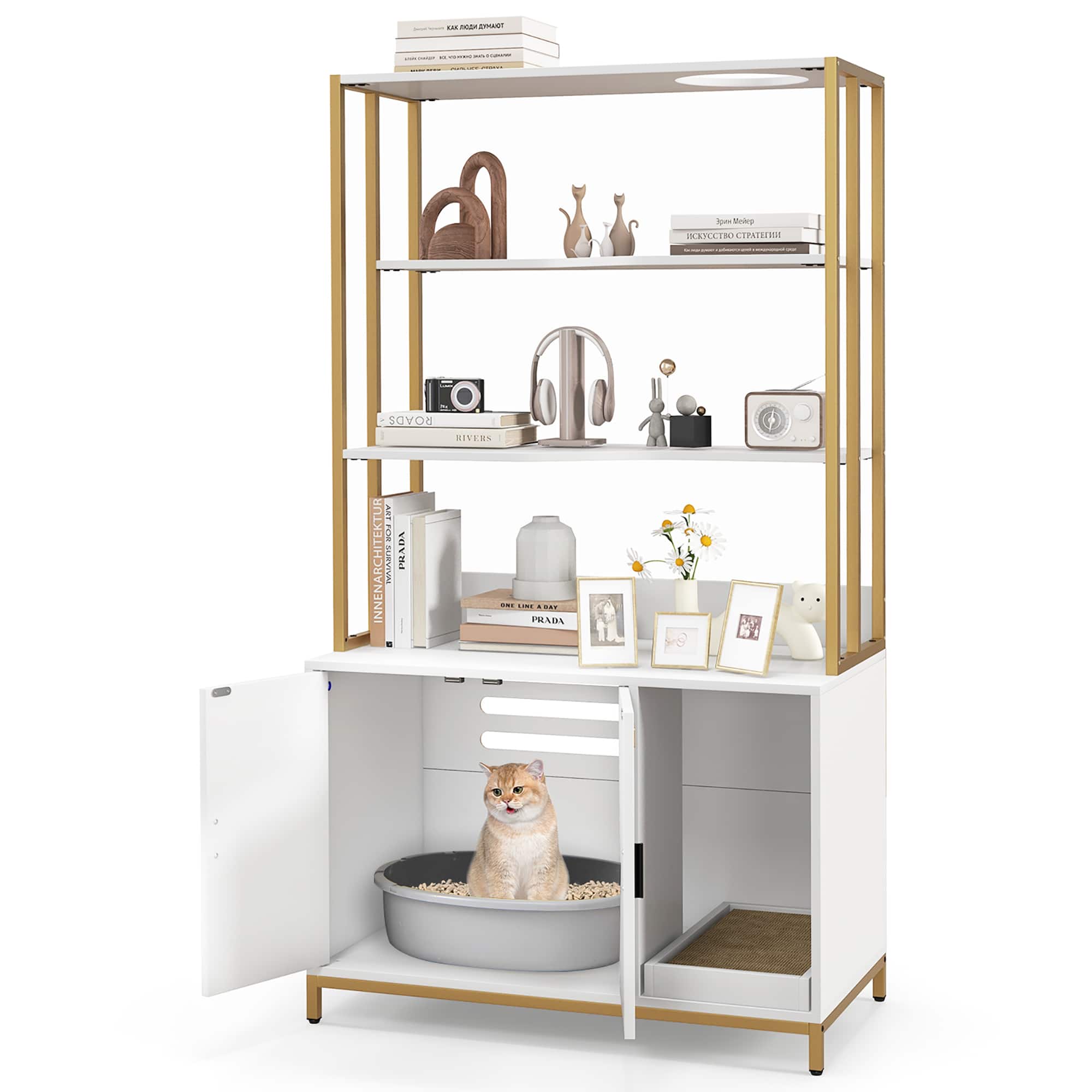 Gymax - 61'' Cat Litter Box Enclosure w/ Storage 3-tier Shelves Side Entrance White & Gold - White, Gold