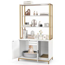 Gymax - 61'' Cat Litter Box Enclosure w/ Storage 3-tier Shelves Side Entrance White & Gold - White, Gold