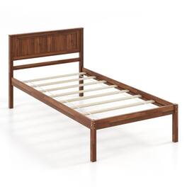 Hivvago - Twin Size Retro Wood Platform Bed Frame with Headboard - Walnut