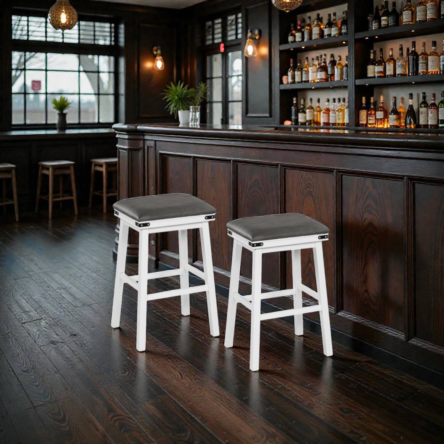 Front. Hivvago - Set of 2 Acacia Wood Dining Bar Stools - 30 inches - White.