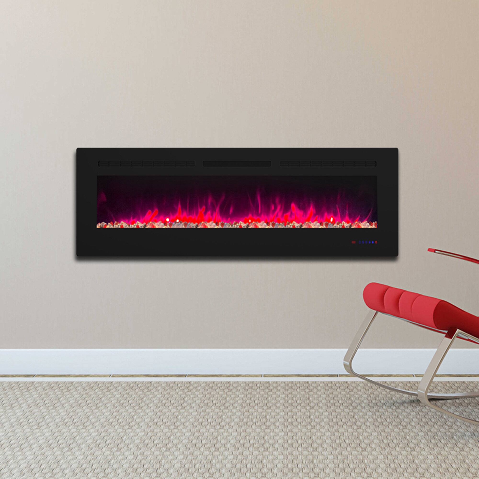 Back. Ihomeadore - 60" Electric Wall-Mounted Recessed Fireplace Insert with Remote, Adjustable Flame Color & Speed - Black.