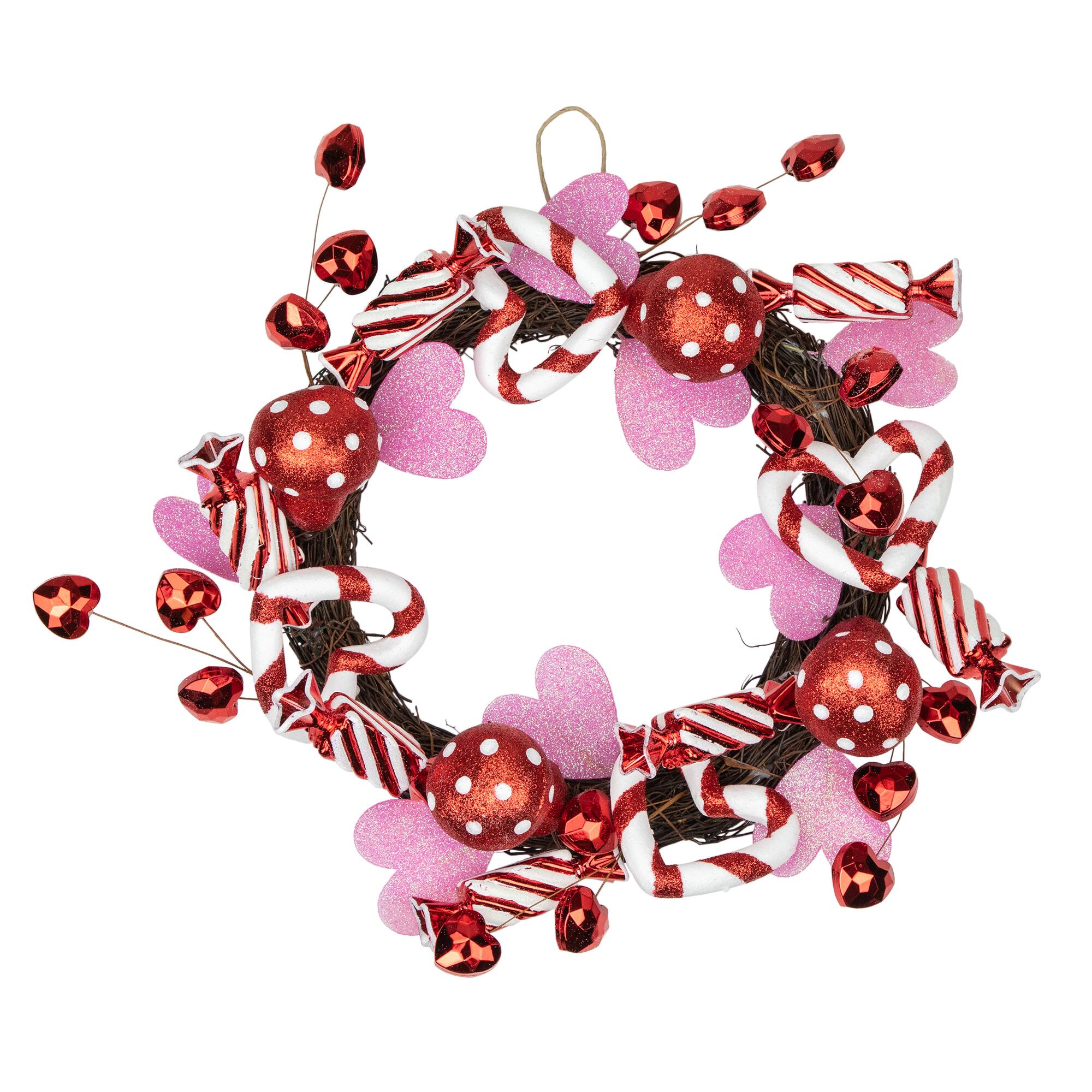 Front. Northlight - Candies and Hearts Valentine's Day Wreath - 16" - Red and White - Red.