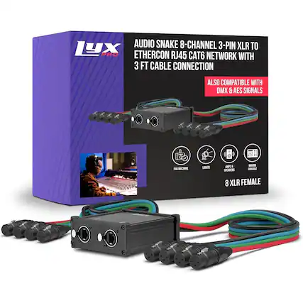 AUDIO SNAKE 8-CHANNEL 3-PIN XLR TO ETHERCON RJ45 CAT6 NETWORK WITH 3 FT CABLE CONNECTION
ALSO COMPATIBLE WITH DMX & AES SIGNALS
FOG MACHINE
LIGHTS
AMPS & SPEAKERS
MIXING CONSOLE
8 XLR FEMALE