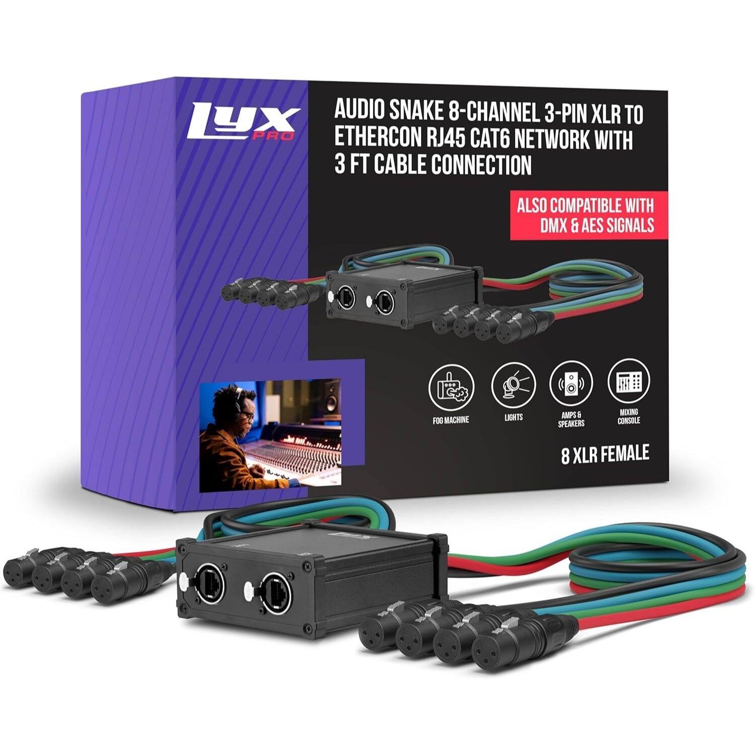 AUDIO SNAKE 8-CHANNEL 3-PIN XLR TO ETHERCON RJ45 CAT6 NETWORK WITH 3 FT CABLE CONNECTION  
ALSO COMPATIBLE WITH DMX & AES SIGNALS  
FOG MACHINE  
LIGHTS  
AMPS & SPEAKERS  
MIXING CONSOLE  
8 XLR FEMALE