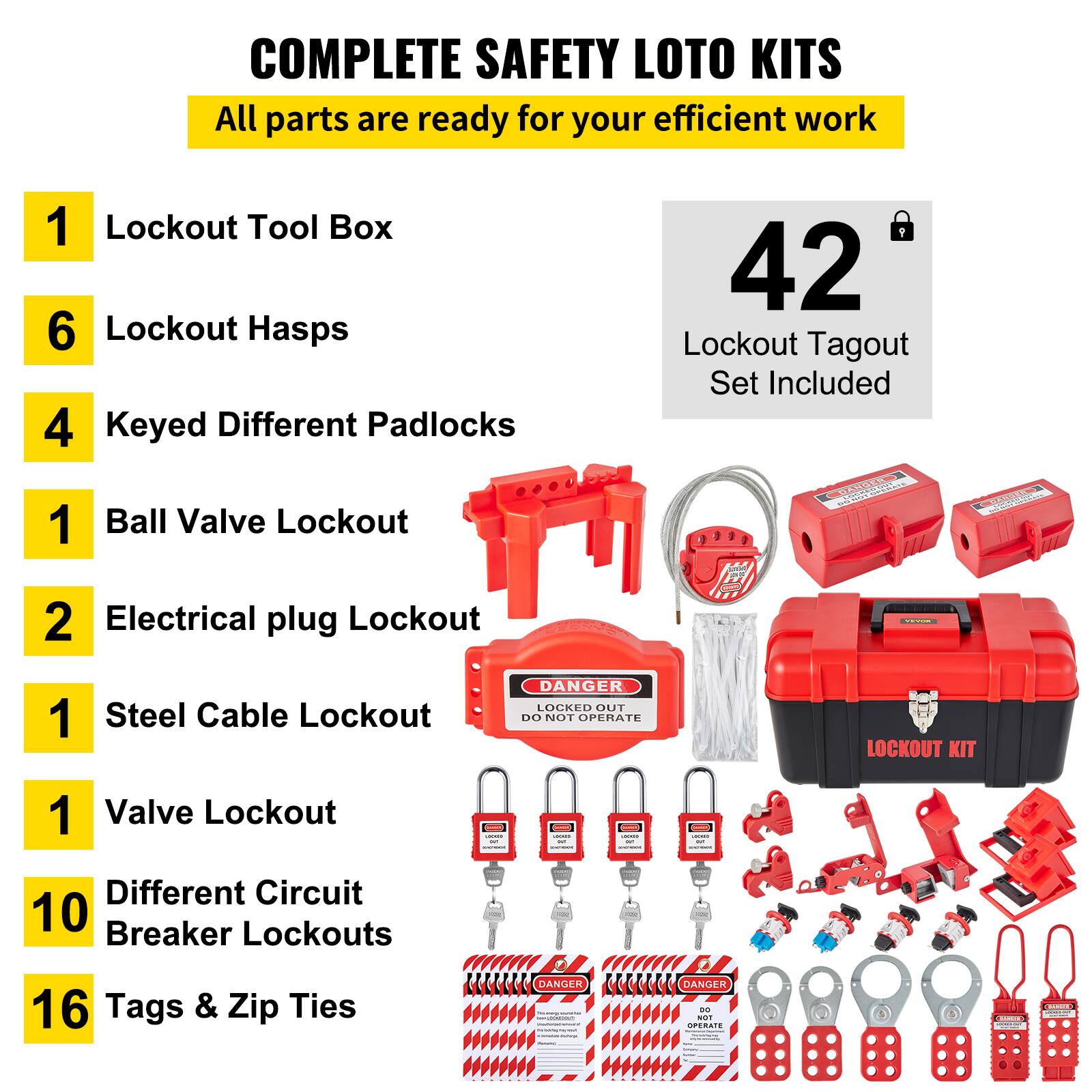 COMPLETE SAFETY LOTO KITS  
All parts are ready for your efficient work  

1. Lockout Tool Box  
6. Lockout Hasps  
4. Keyed Different Padlocks  
1. Ball Valve Lockout  
2. Electrical plug Lockout  
1. Steel Cable Lockout  
1. Valve Lockout  
10. Different Circuit Breaker Lockouts  
16. Tags & Zip Ties  

42 Lockout Tagout Set Included  

DANGER LOCKED OUT DO NOT OPERATE LOCKOUT KIT