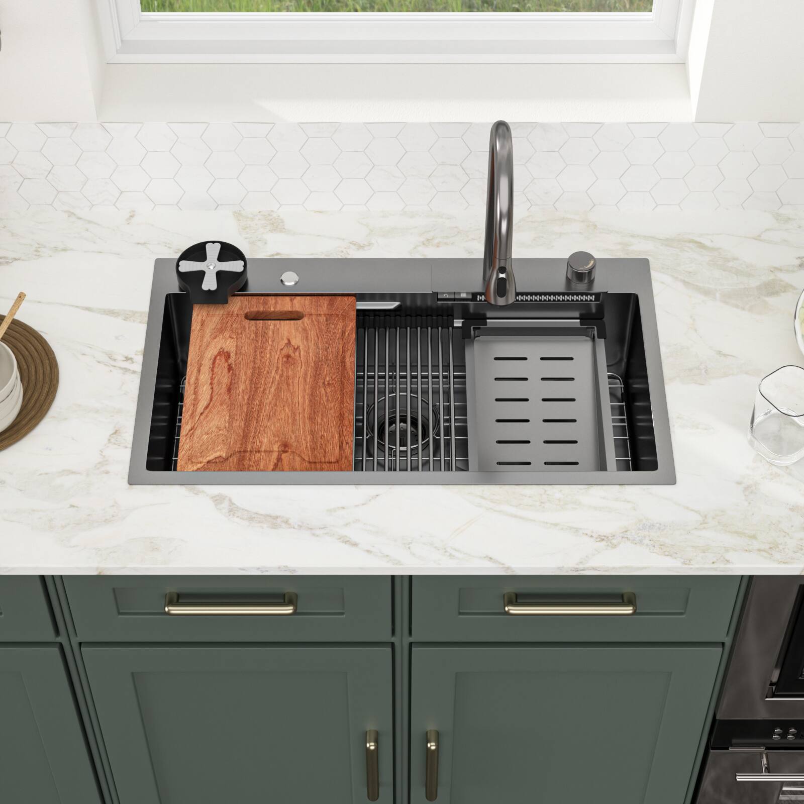 Left. Lordear - 33x19 in. Drop-In Single Bowl 16 Gauge Gunmetal Black Stainless Steel Workstation Kitchen Sink with Waterfall Faucet - Gunmetal Black.