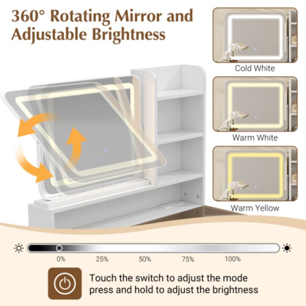 360° Rotating Mirror and Adjustable Brightness

Cold White Warm White Warm Yellow

0% 25% 50% 75% 100%

Touch the switch to adjust the mode press and hold to adjust the brightness