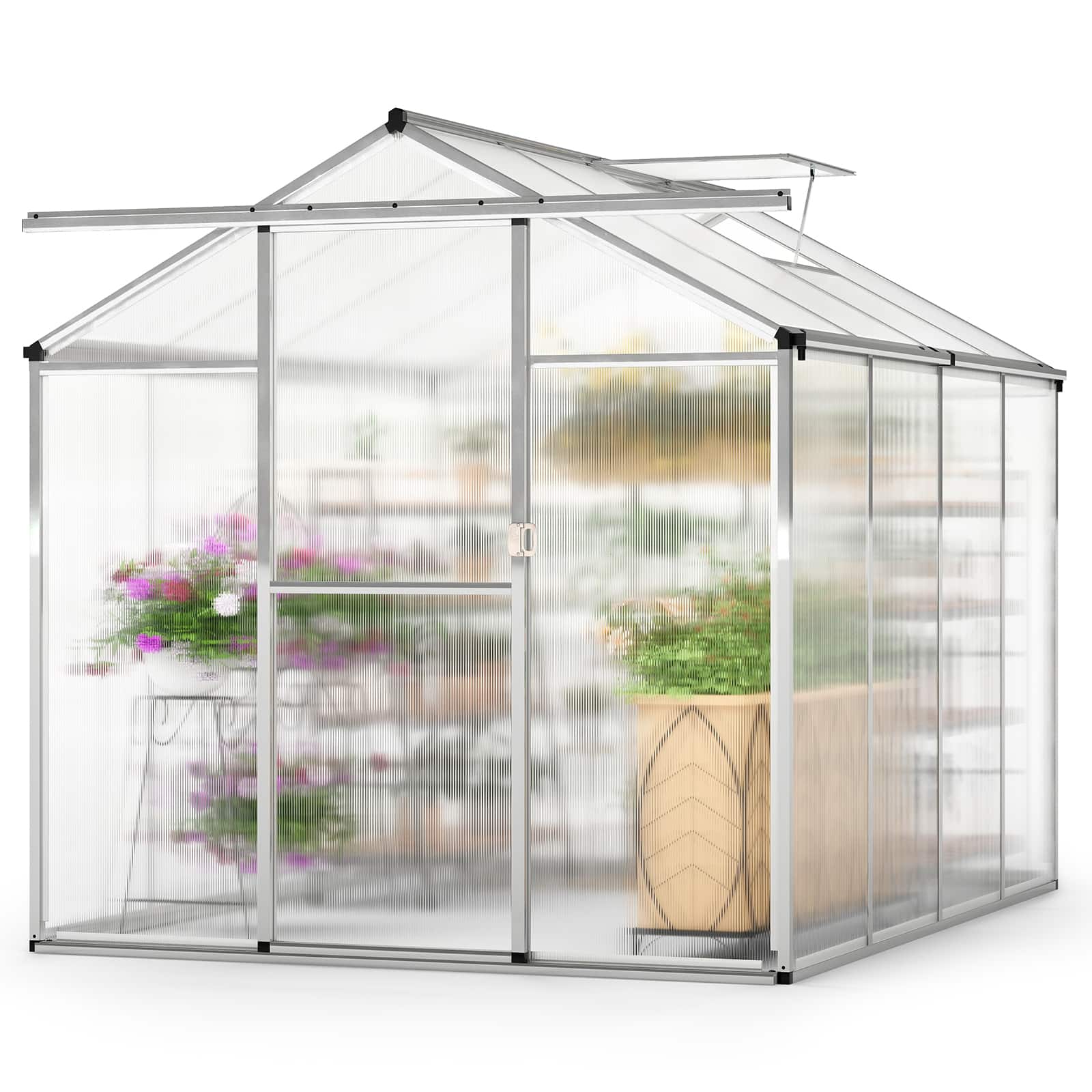 Gymax - 6 x 8 FT Greenhouse for Outdoors Large Walk-in Green House w/ Rain Gutters - Transparent, Silver