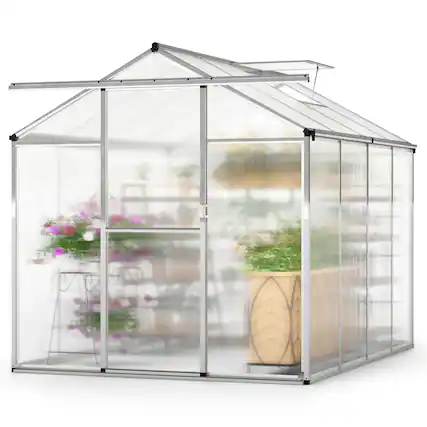 Front. Gymax - Gymax 6 x 8 FT Greenhouse for Outdoors Large Walk-in Green House w/ Rain Gutters - Transparent, Silver.