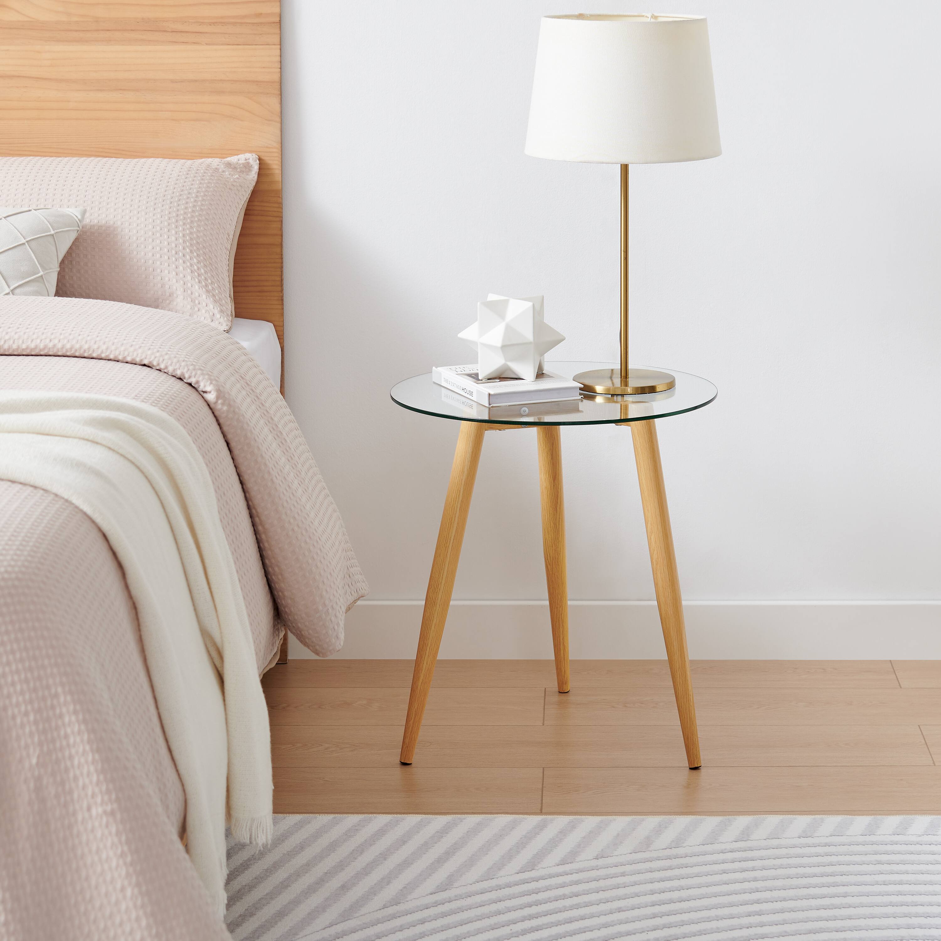 Left. Danya B - Van Beuren Side Table with Taper Legs and Clear Glass Tabletop - Beech - Beech, Clear.