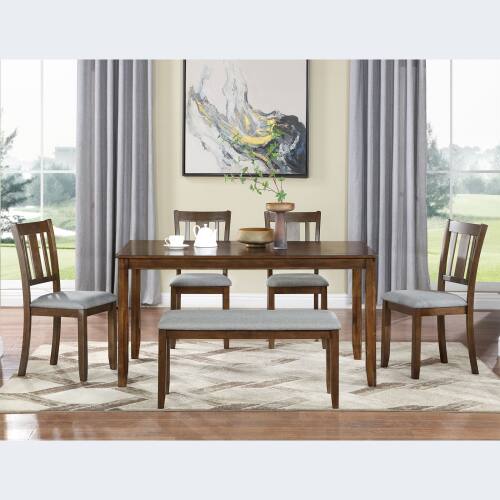 Alt View 1. LUCKY ONE - 6-Piece Dining Set with 58.5" Rectangular Dining Table, Bench and 4 Slatted backrest Chairs - Walnut.