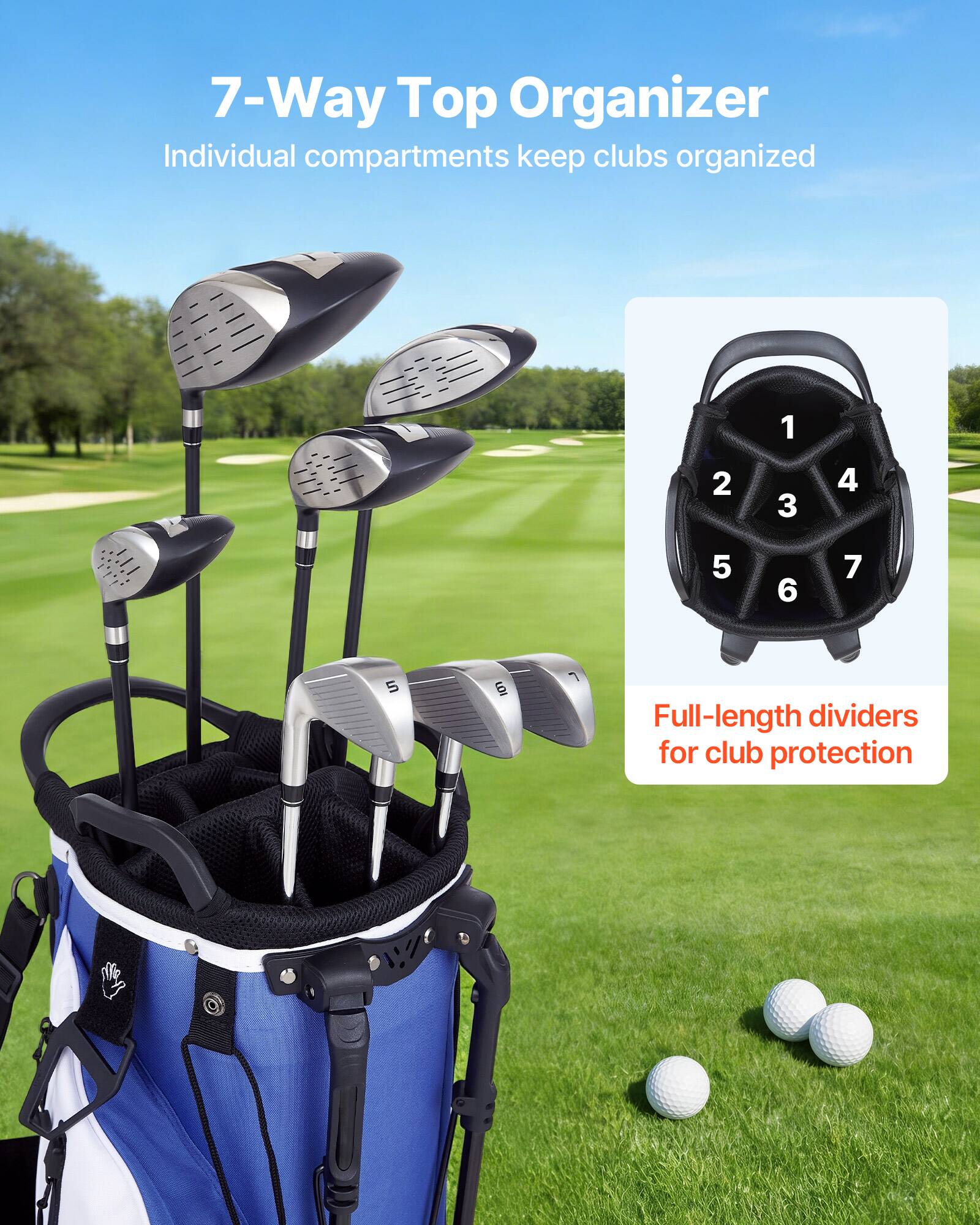 7-Way Top Organizer  
Individual compartments keep clubs organized  

Full-length dividers for club protection