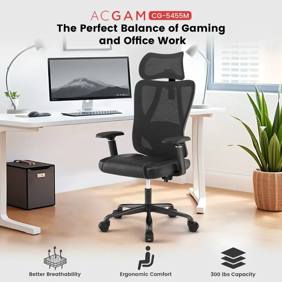 The image features a black office chair with a computer desk and a potted plant in the background. The chair is advertised as the perfect balance of gaming and office work, offering better breathability, ergonomic comfort, and a 300 lbs capacity. The desk has a keyboard and a mouse on it, and there is a TV in the background. The chair is positioned in front of the desk, inviting the viewer to sit and enjoy the comfortable and functional workspace.